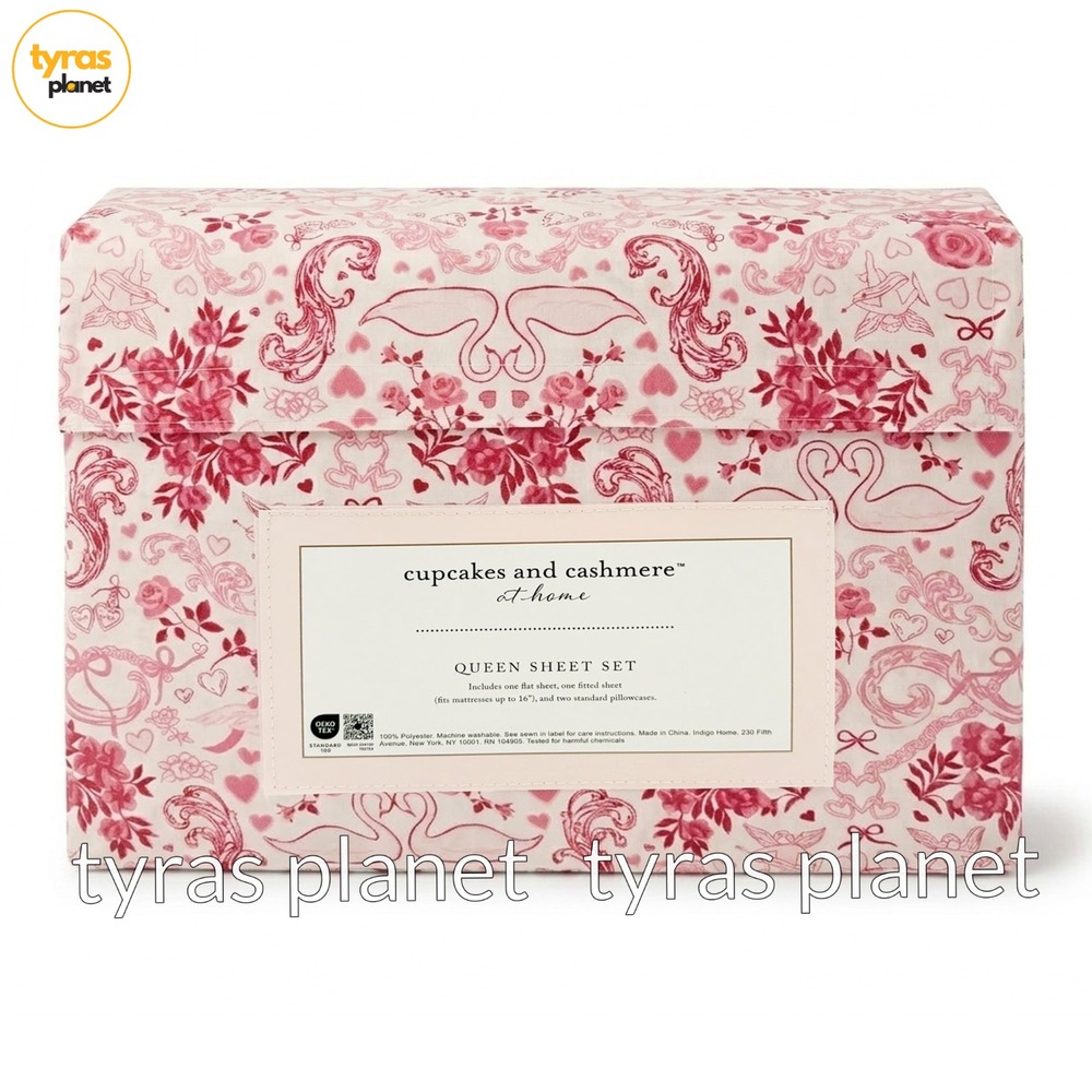 Cupcakes and Cashmere Queen Sheet Set Pink Toile Swan Cherub Heart Shabby Chic